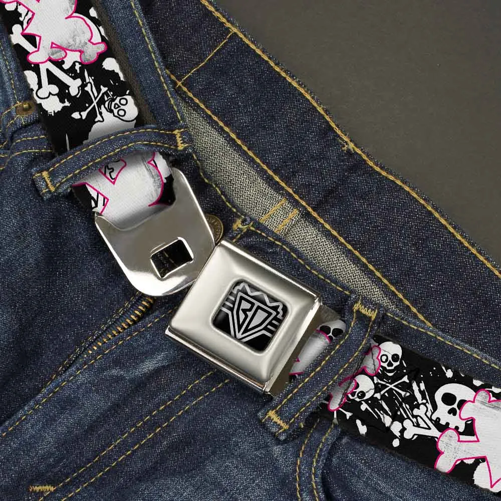 BD Wings Logo CLOSE-UP Full Color Black Silver Seatbelt Belt - Heart & Cross Bones w/Skulls & Splatter Black/White Webbing