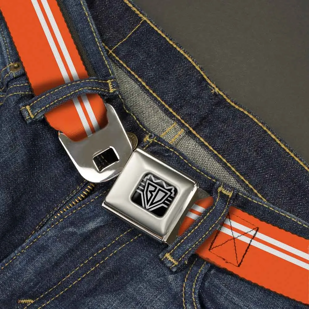 BD Wings Logo CLOSE-UP Full Color Black Silver Seatbelt Belt - Racing Stripe Orange/White Webbing