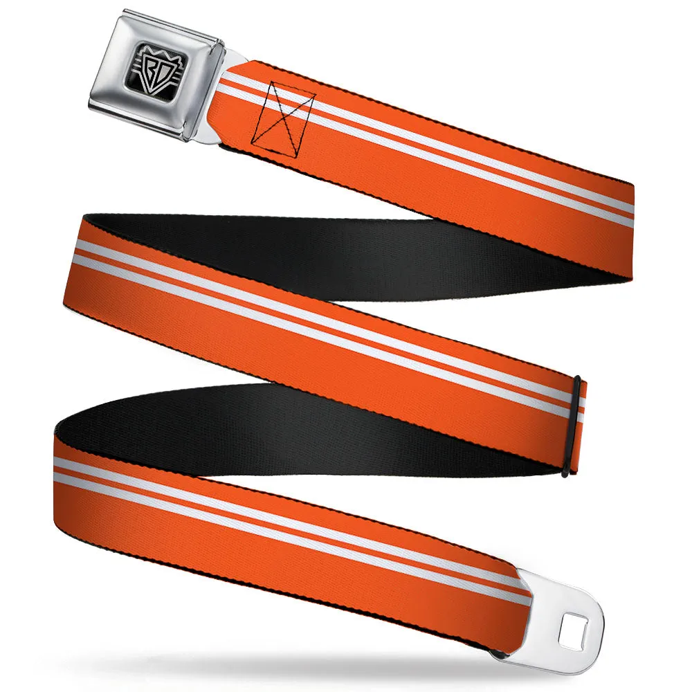 BD Wings Logo CLOSE-UP Full Color Black Silver Seatbelt Belt - Racing Stripe Orange/White Webbing