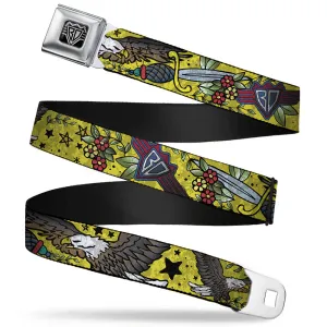 BD Wings Logo CLOSE-UP Full Color Black Silver Seatbelt Belt - Truth and Justice CLOSE-UP Yellow Webbing