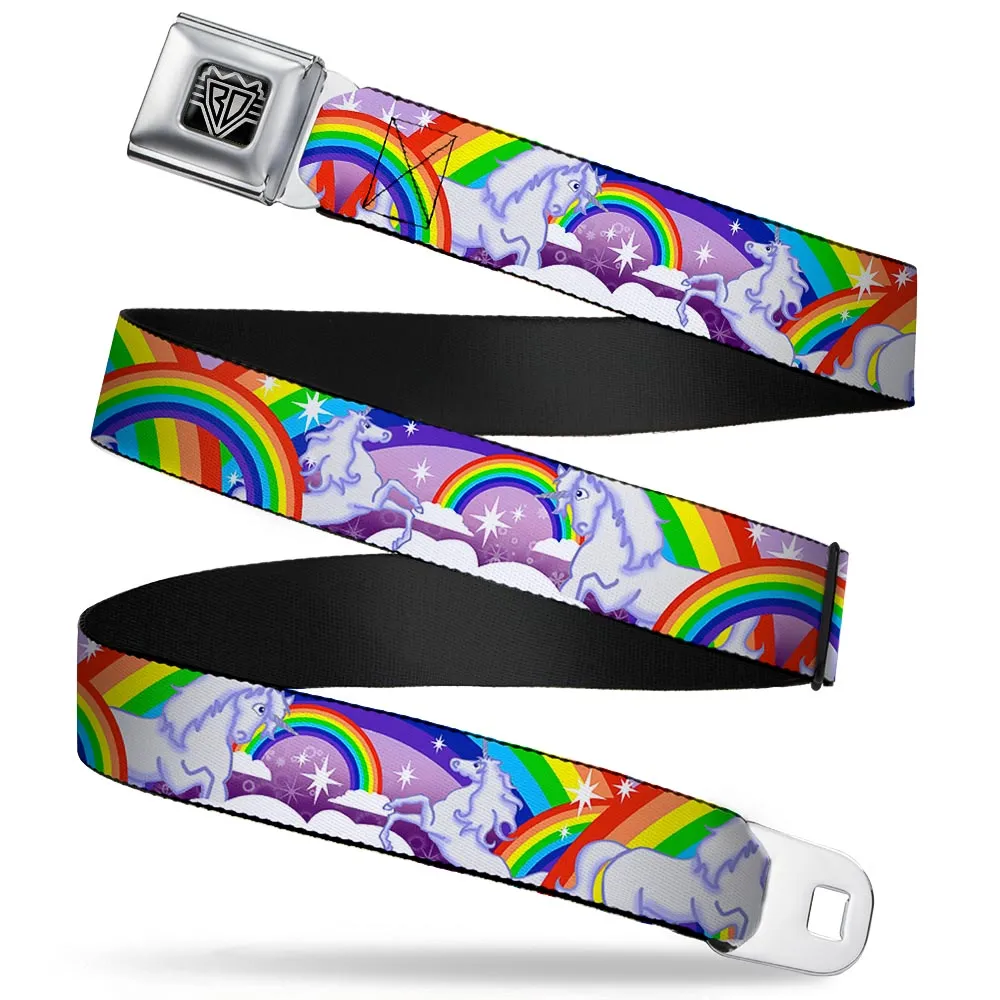BD Wings Logo CLOSE-UP Full Color Black Silver Seatbelt Belt - Unicorns in Rainbows w/Sparkles/Purple Webbing
