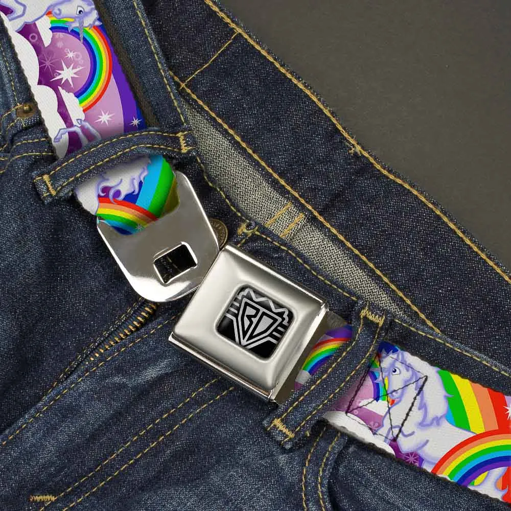 BD Wings Logo CLOSE-UP Full Color Black Silver Seatbelt Belt - Unicorns in Rainbows w/Sparkles/Purple Webbing