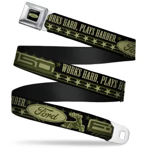 FORD Oval Full Color Black Tan Olive Seatbelt Belt - FORD F-150 WORKS HARD, PLAYS HARDER./Stars Black/Tan/Olive Webbing