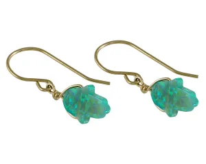Gold opal green hamsa dangle 14k gold filled earrings