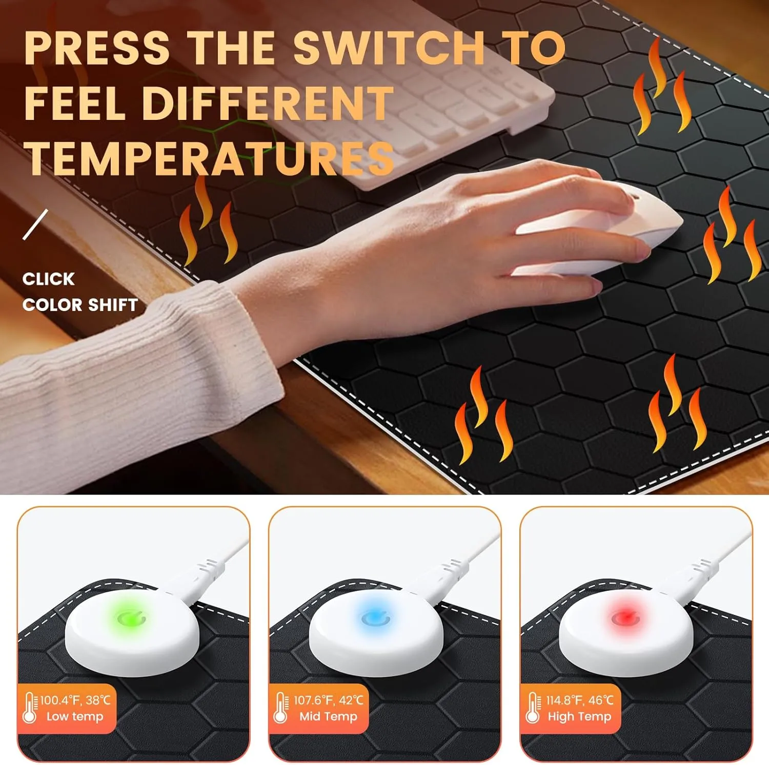 iLeadon Heated Mouse Pad, Electric Warm Desk Pad with 3 Heating Levels & 3 Auto Shut-Off Levels, 35.4" x 15.7" Large Safe Desk Mat Hand Warmer for Home Office Work, Honeycomb Black
