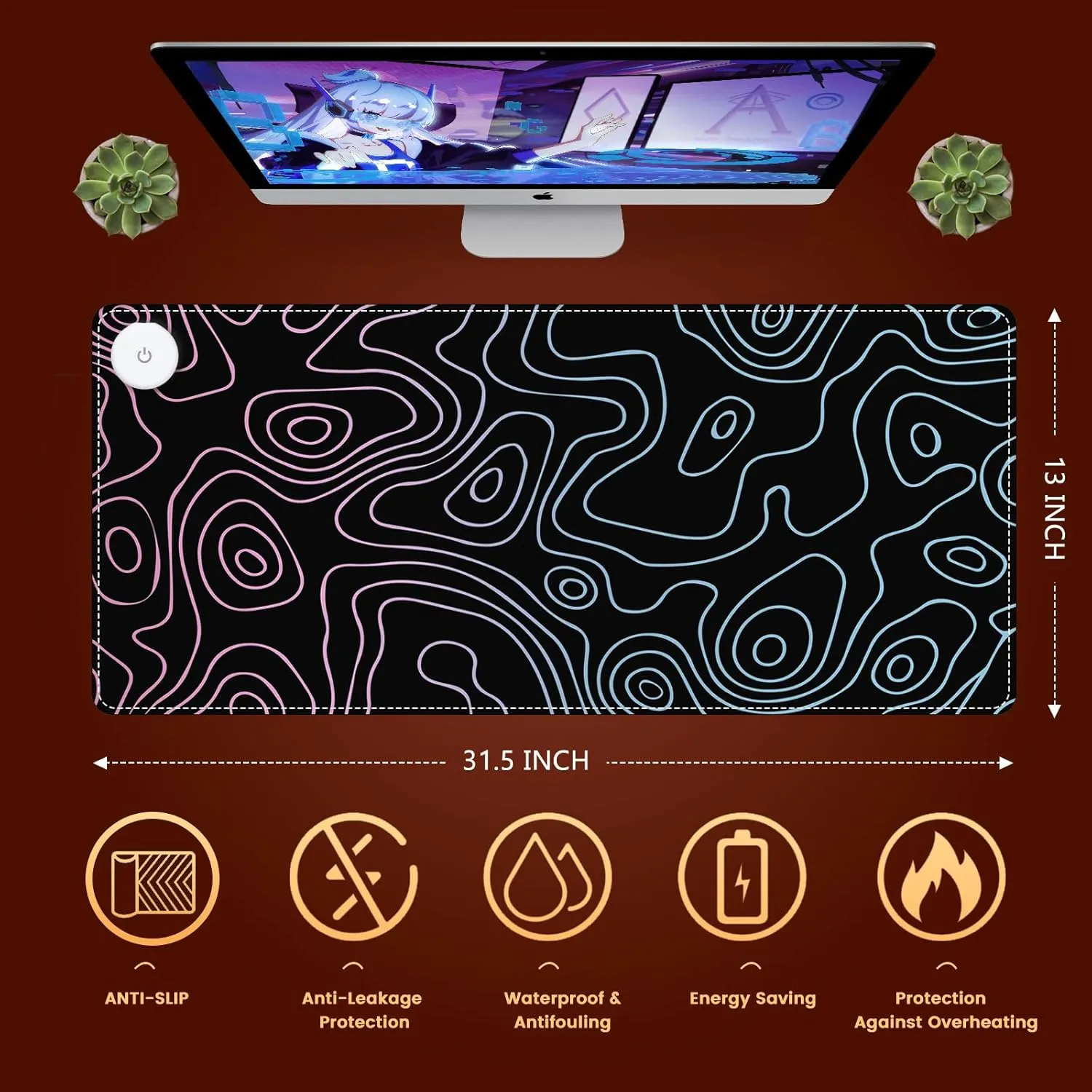 iLeadon Heated Mouse Pad, Heated Desk Mat, Electric Warm Desk Pad with 3 Heating Levels & 3 Auto Shut-Off Levels, 31.5" x 13" Large Safe Desk Mat Hand Warmer for Home Office Work, Black Topographic A