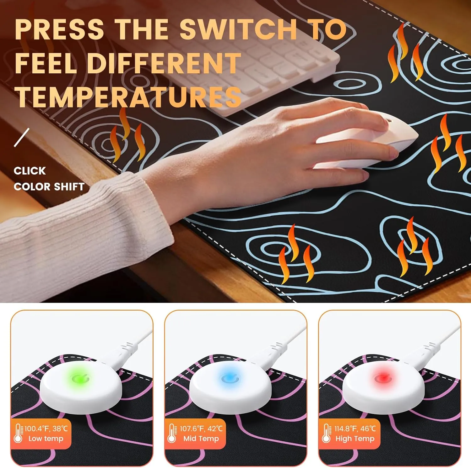 iLeadon Heated Mouse Pad, Heated Desk Mat, Electric Warm Desk Pad with 3 Heating Levels & 3 Auto Shut-Off Levels, 31.5" x 13" Large Safe Desk Mat Hand Warmer for Home Office Work, Black Topographic A