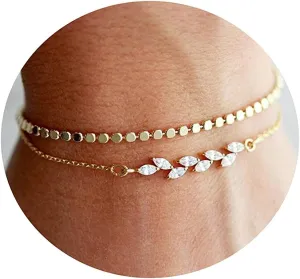 MIDEEO Bracelets for Women Dainty Layered Herringbone Twisted Rope Chain Bracelets Set Layering Dot CZ Leave Beaded Bracelets Dainty Cubic Zirconia Tennis Chain Bracelet Jewelry Gifts
