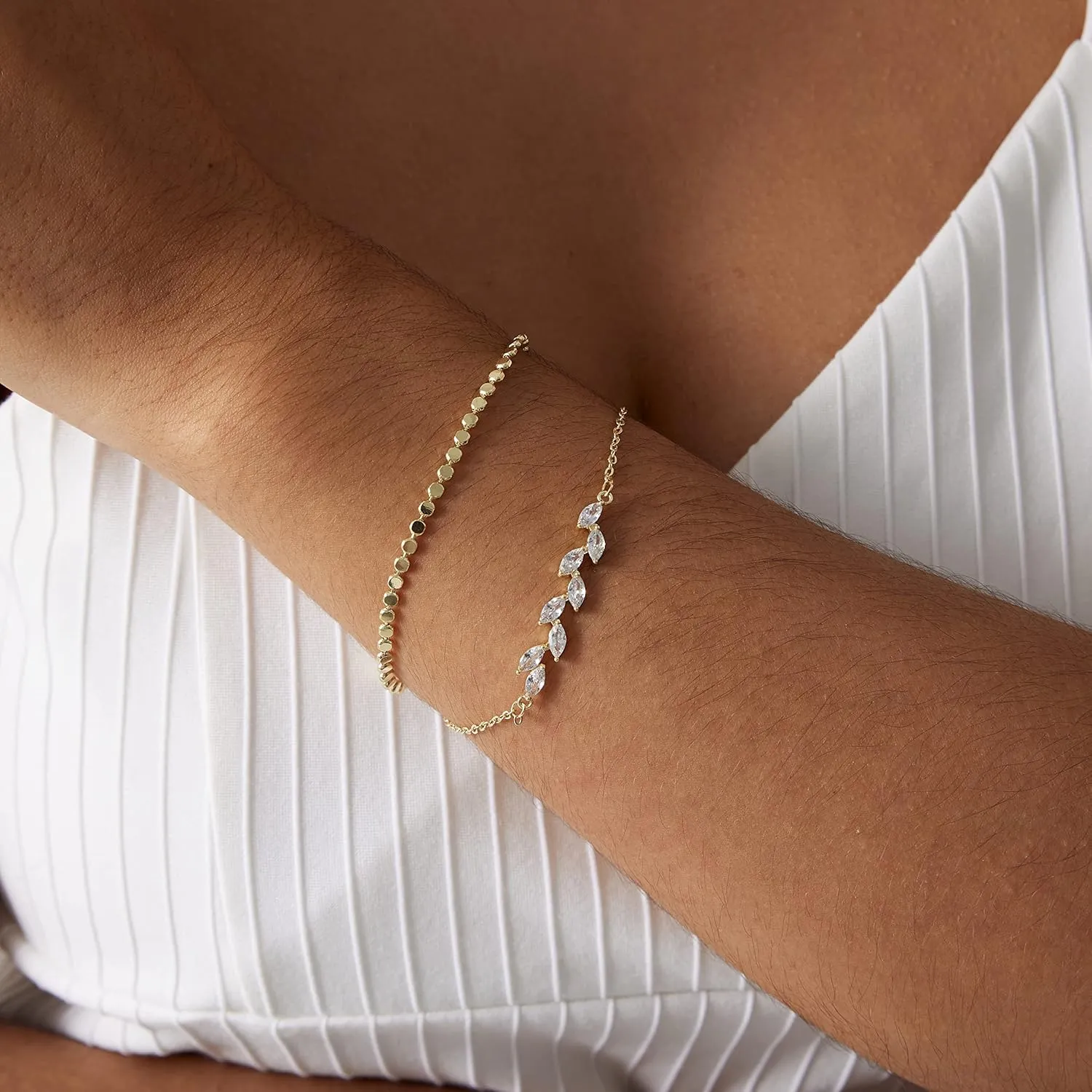 MIDEEO Bracelets for Women Dainty Layered Herringbone Twisted Rope Chain Bracelets Set Layering Dot CZ Leave Beaded Bracelets Dainty Cubic Zirconia Tennis Chain Bracelet Jewelry Gifts