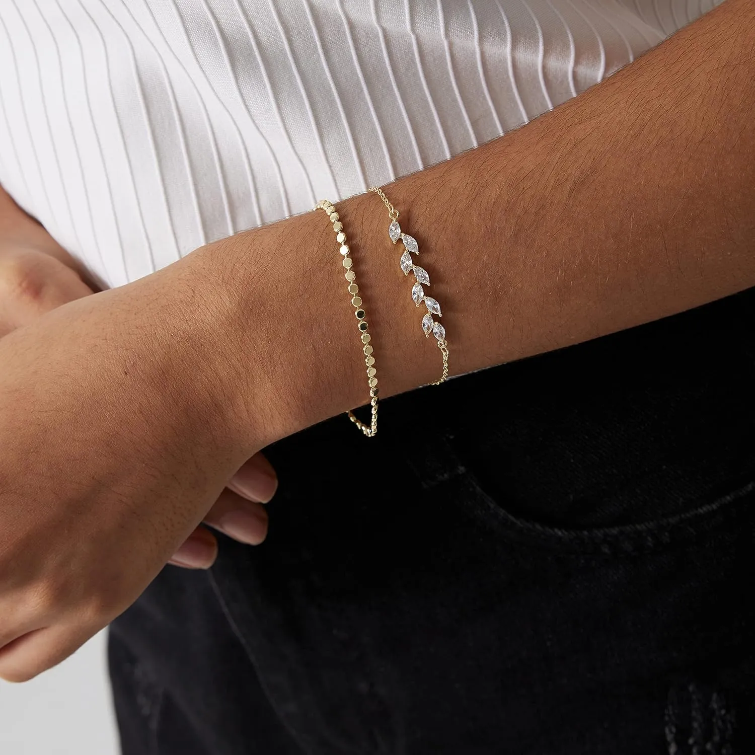 MIDEEO Bracelets for Women Dainty Layered Herringbone Twisted Rope Chain Bracelets Set Layering Dot CZ Leave Beaded Bracelets Dainty Cubic Zirconia Tennis Chain Bracelet Jewelry Gifts