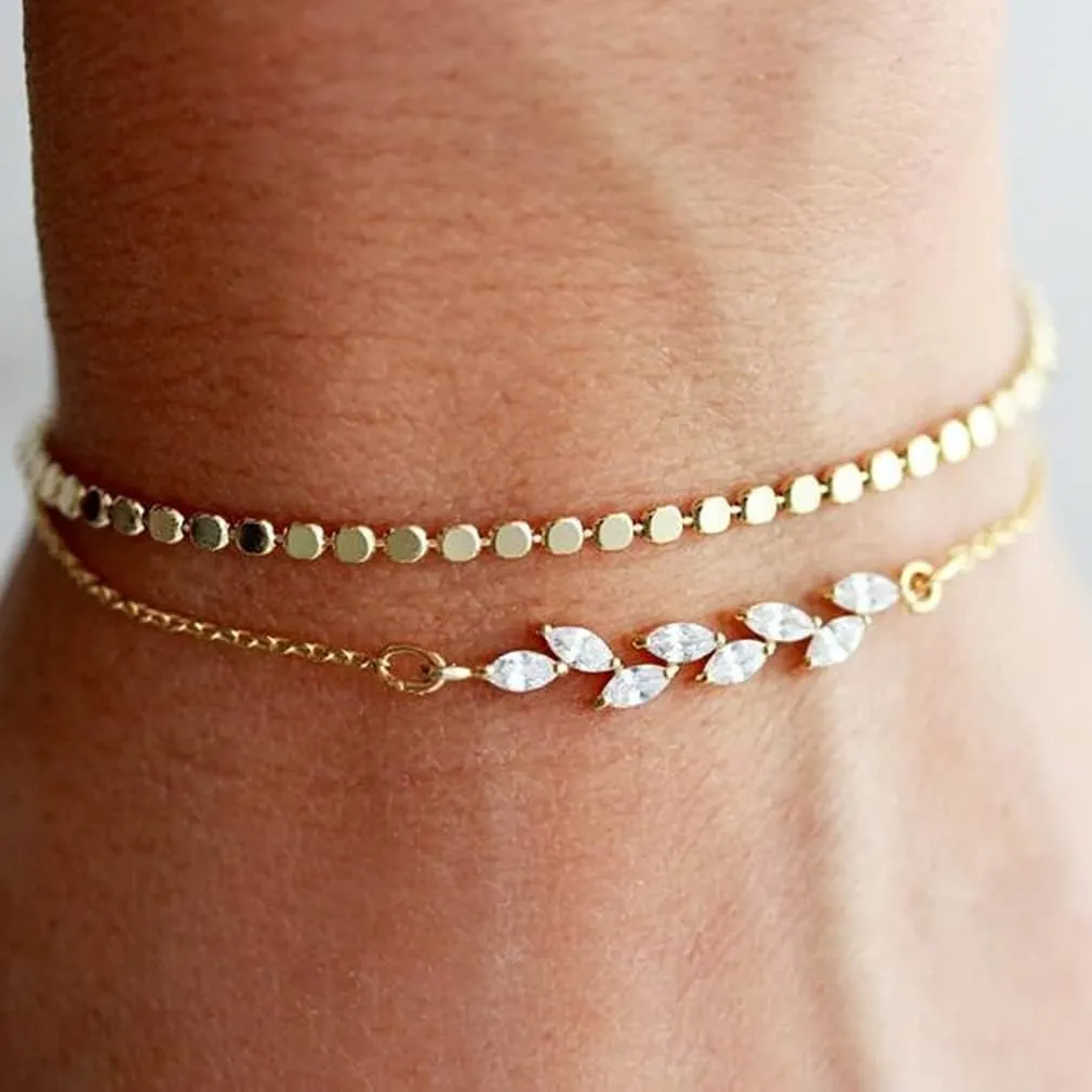MIDEEO Bracelets for Women Dainty Layered Herringbone Twisted Rope Chain Bracelets Set Layering Dot CZ Leave Beaded Bracelets Dainty Cubic Zirconia Tennis Chain Bracelet Jewelry Gifts