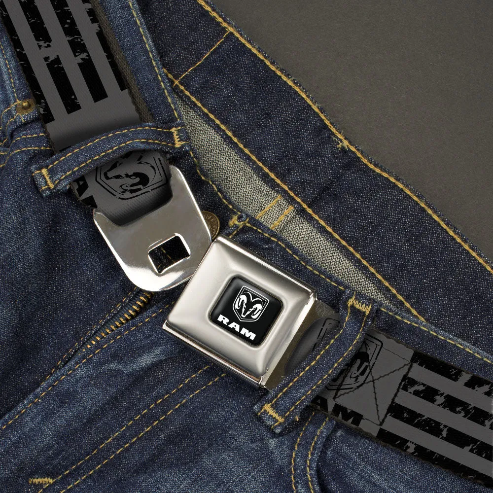 RAM Logo Full Color Black/White Seatbelt Belt - Ram Logo Americana Stripes Weathered Gray/Black Webbing