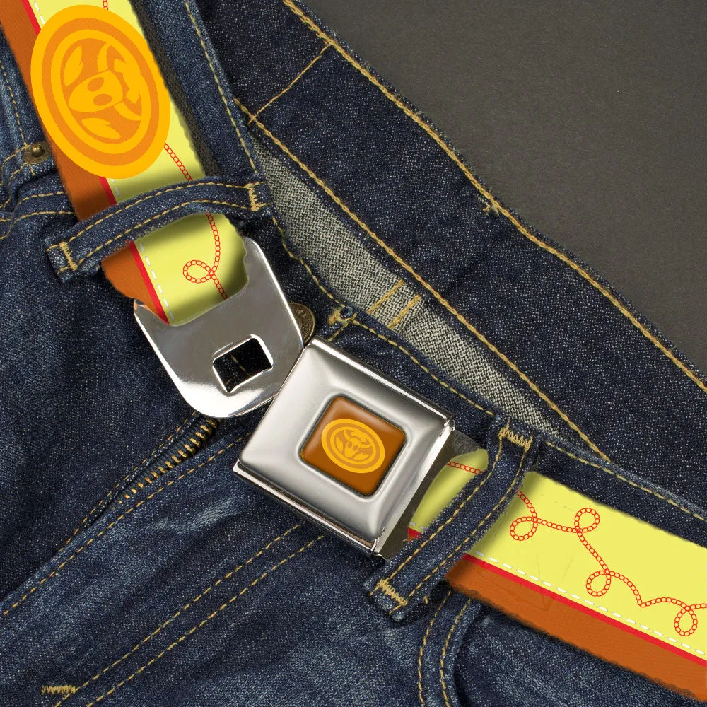 Toy Story Jessie Cowboy Buckle Logo Full Color Browns Seatbelt Belt - Toy Story Jessie Bounding Cowboy Buckle Lasso Stripe Yellow/Red/Brown Webbing