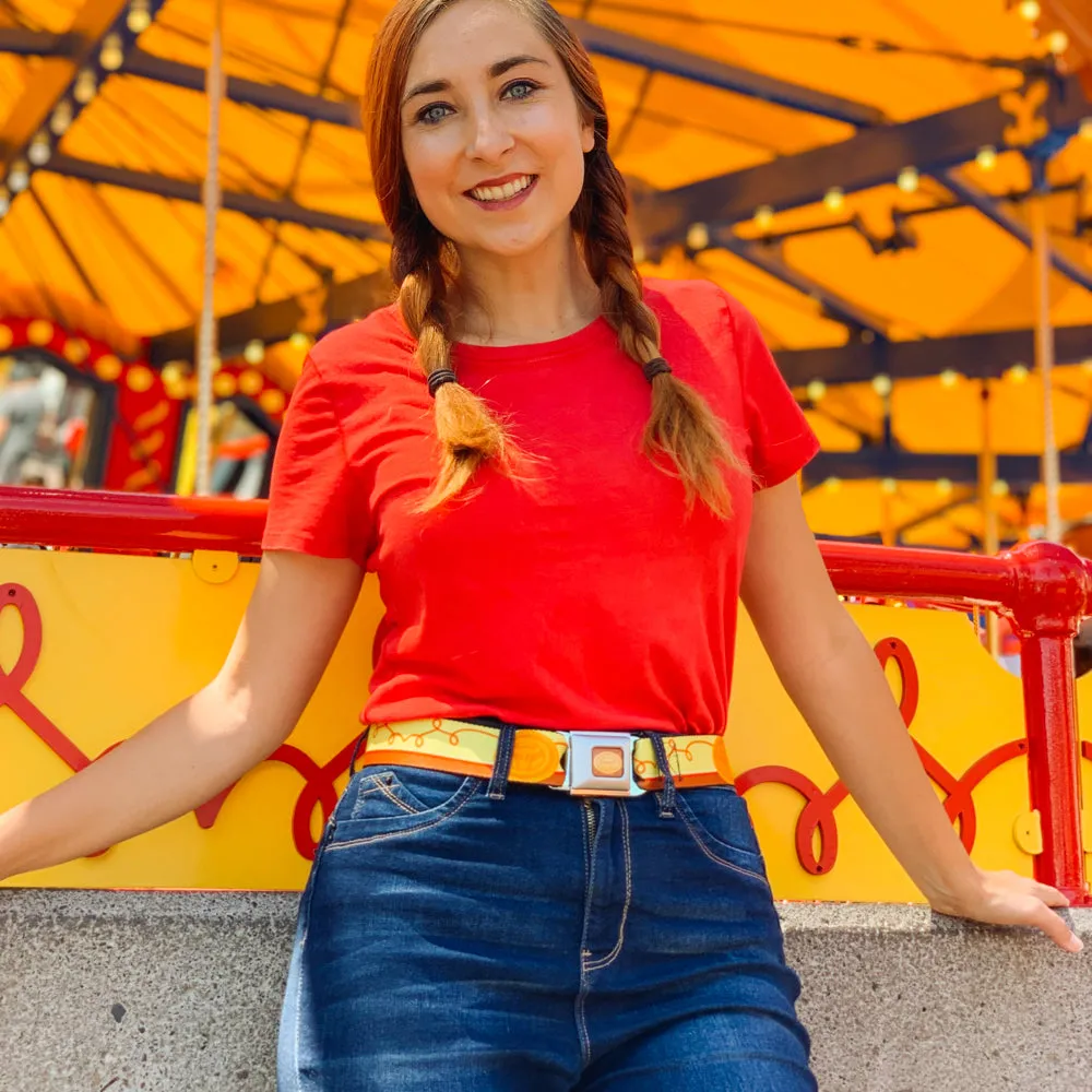Toy Story Jessie Cowboy Buckle Logo Full Color Browns Seatbelt Belt - Toy Story Jessie Bounding Cowboy Buckle Lasso Stripe Yellow/Red/Brown Webbing